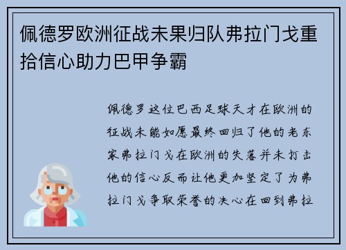 佩德罗欧洲征战未果归队弗拉门戈重拾信心助力巴甲争霸